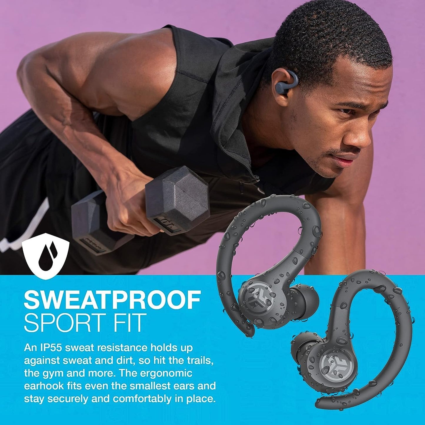 JLab Go Sport+ Wireless Workout Earbuds Featuring C3 Clear Calling, Secure Earhook Sport Design, 32+ Hour Bluetooth Playtime, and 3 EQ Sound Settings (Graphite)