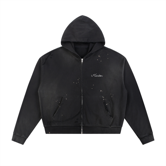 Sun Fade Frayed Raw Edge Fleece Zip Hoodie