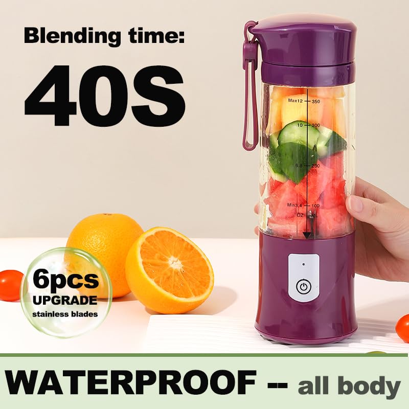 Portable Blender, USB Travel Juice Bottle Personal Travel Blender for Shakes and Smoothies Baby Food Mixing Machince with Updated 6 Blades 4000mAh Rechargeable Battery,13Oz Bottle(purple)