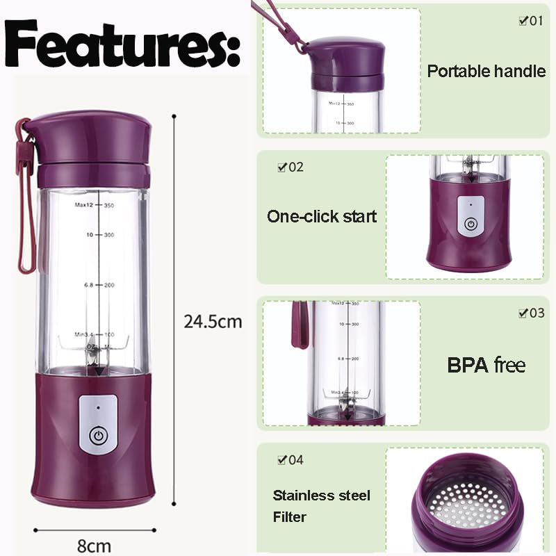 Portable Blender, USB Travel Juice Bottle Personal Travel Blender for Shakes and Smoothies Baby Food Mixing Machince with Updated 6 Blades 4000mAh Rechargeable Battery,13Oz Bottle(purple)