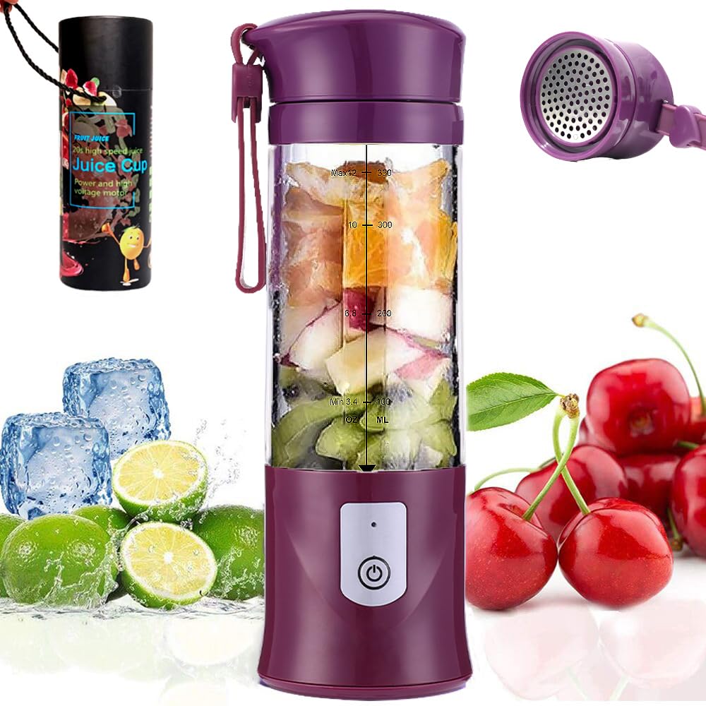 Portable Blender, USB Travel Juice Bottle Personal Travel Blender for Shakes and Smoothies Baby Food Mixing Machince with Updated 6 Blades 4000mAh Rechargeable Battery,13Oz Bottle(purple)