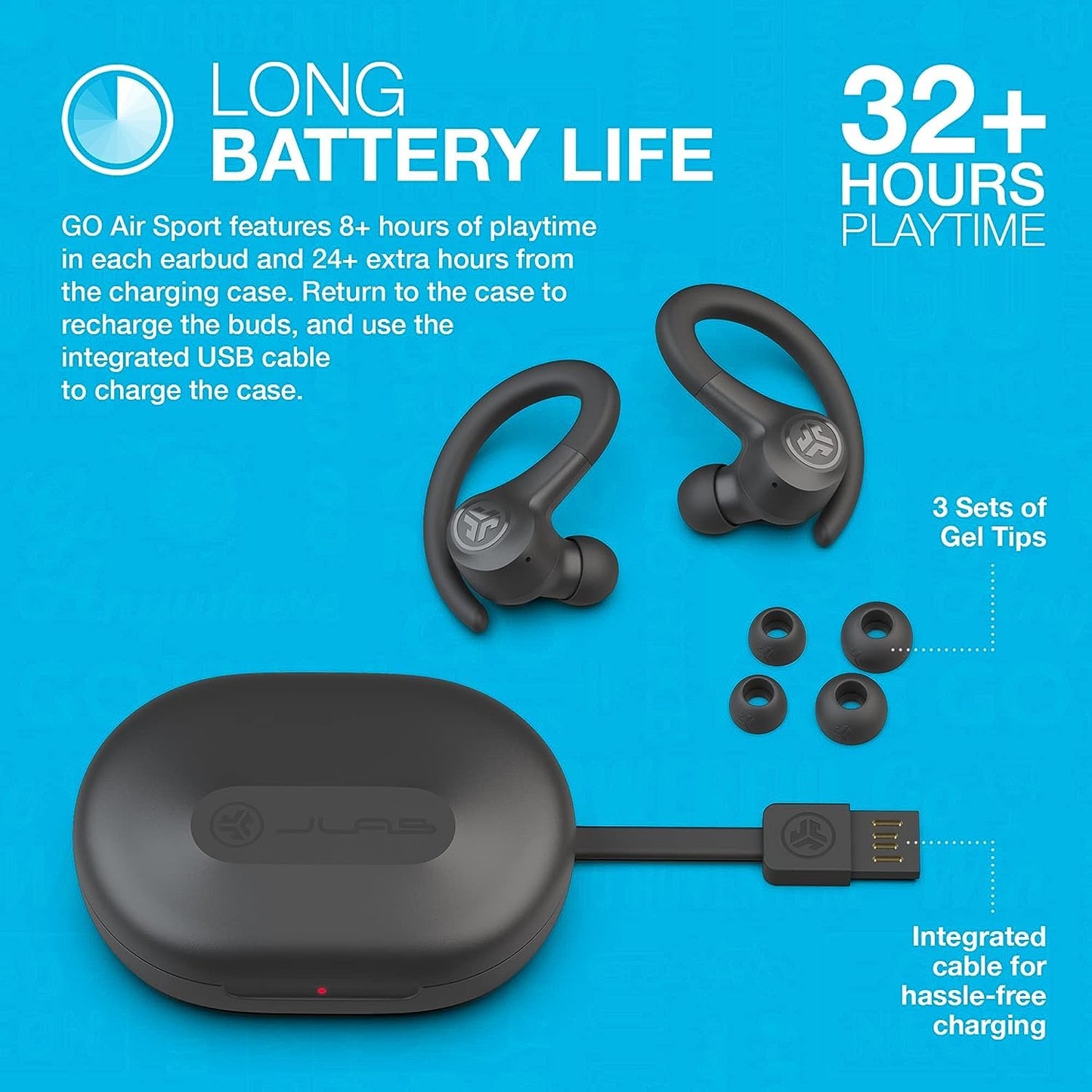 JLab Go Sport+ Wireless Workout Earbuds Featuring C3 Clear Calling, Secure Earhook Sport Design, 32+ Hour Bluetooth Playtime, and 3 EQ Sound Settings (Graphite)