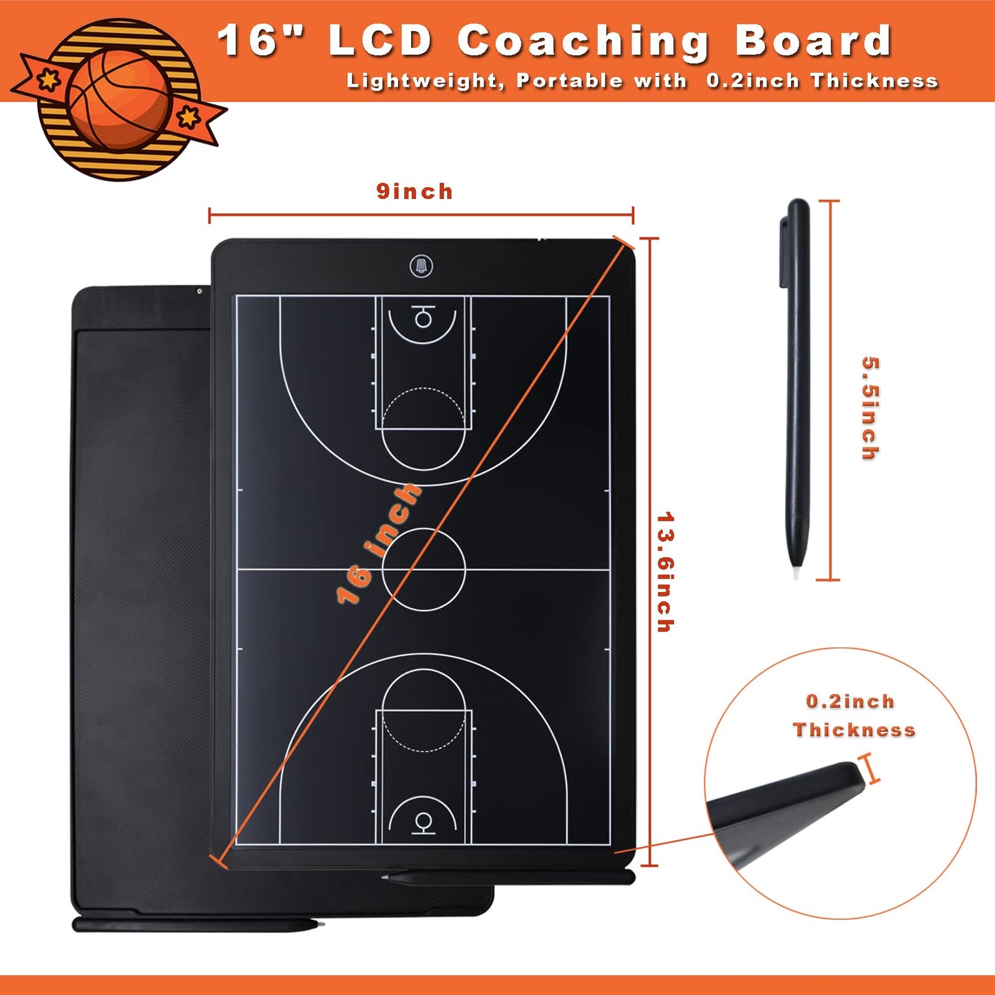 16'' LCD Screen Tactical Coaching Marker Board, Electronic Board with Stylus Pen,with Lock Function,for Coach Basketball Soccer