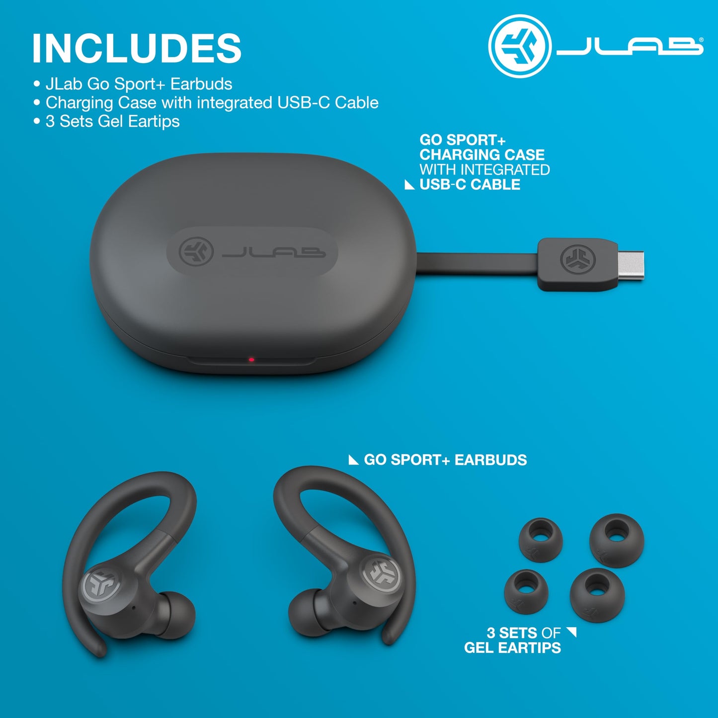 JLab Go Sport+ Wireless Workout Earbuds Featuring C3 Clear Calling, Secure Earhook Sport Design, 32+ Hour Bluetooth Playtime, and 3 EQ Sound Settings (Graphite)