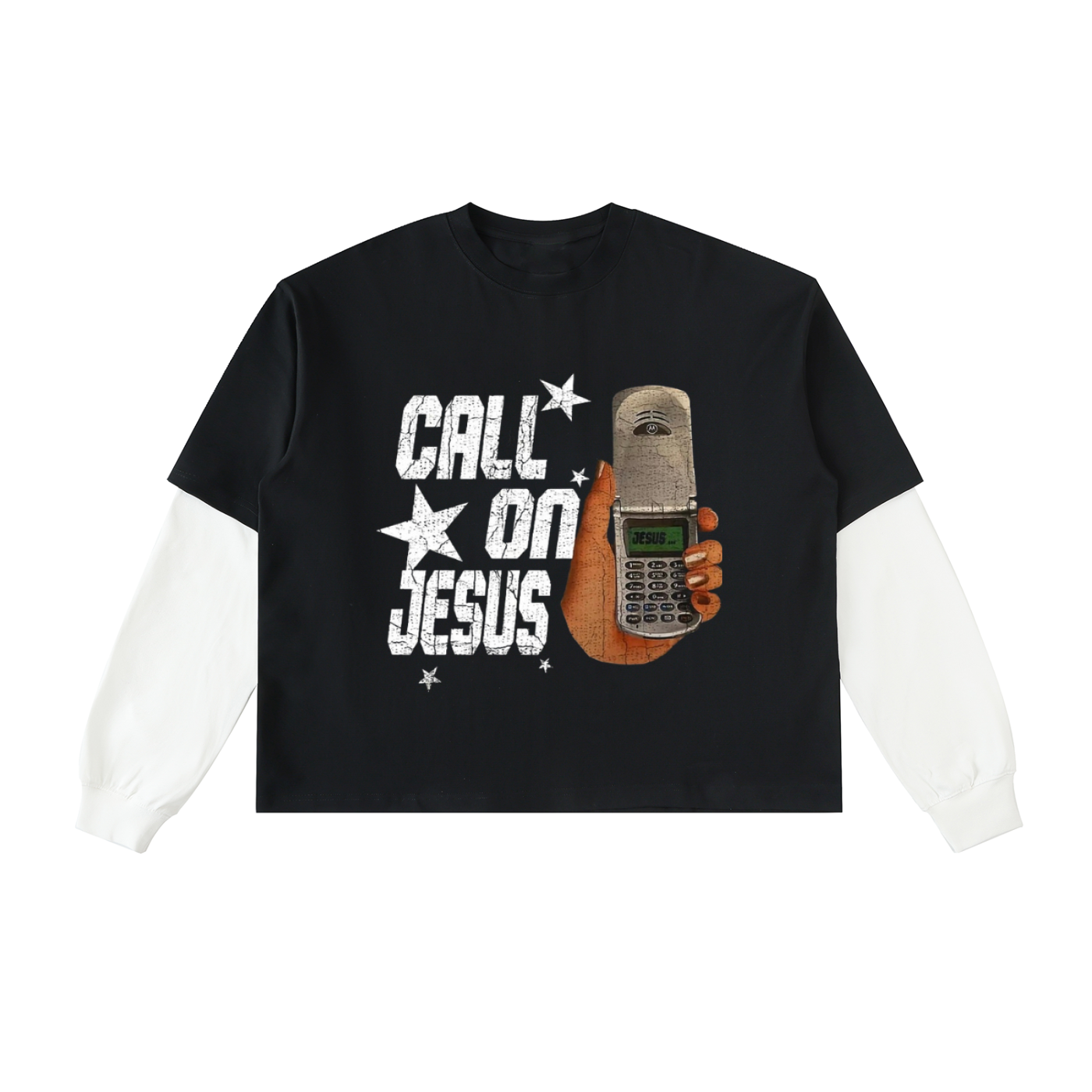 "CALL ON JESUS" Layered Contrast Sleeve Cotton T-Shirt