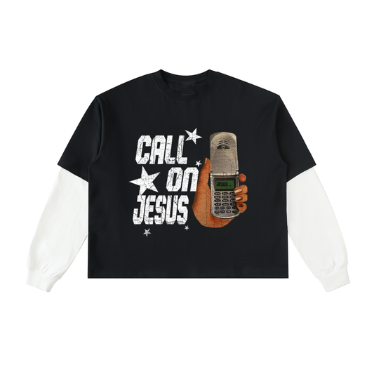"CALL ON JESUS" Layered Contrast Sleeve Cotton T-Shirt