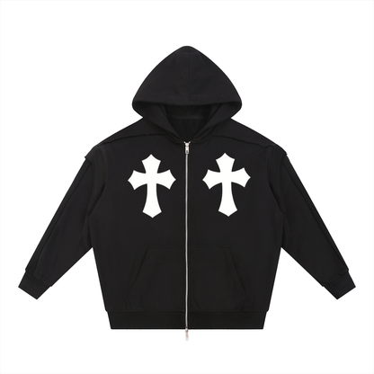 Contrast Tape Raw Edge Double Layered Zip Hoodie