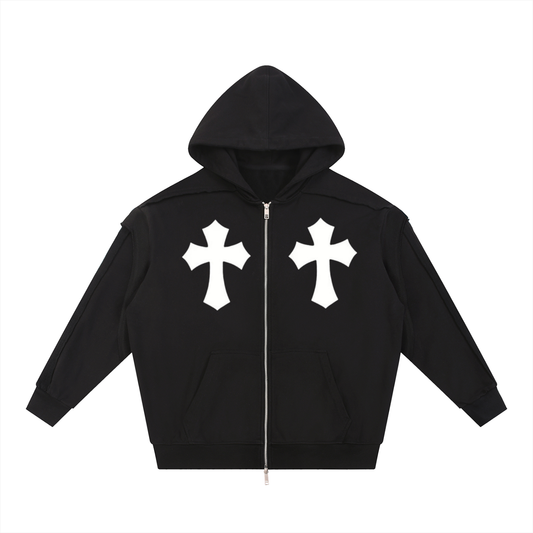 Contrast Tape Raw Edge Double Layered Zip Hoodie