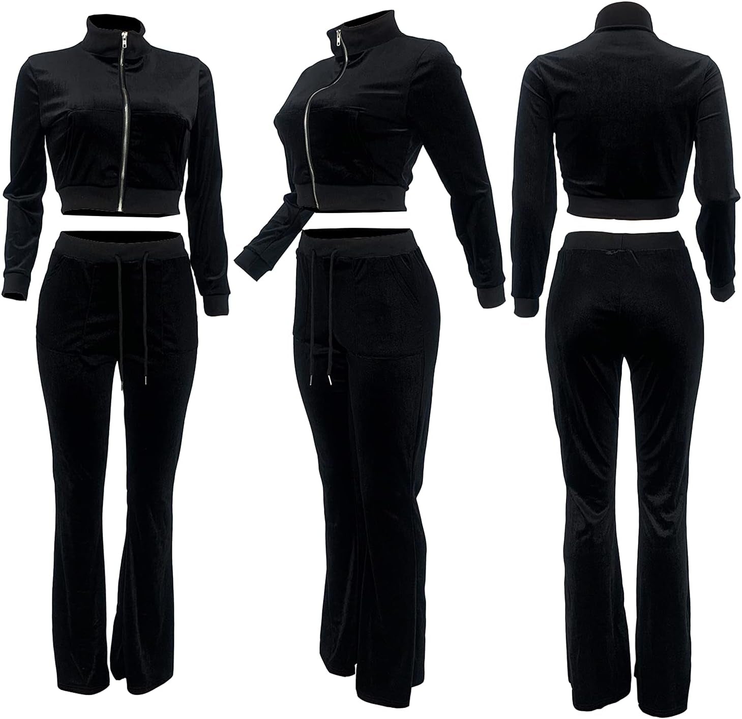 Two Piece Outfits for Women Sweatsuits - Velour Tracksuit Set Long Sleeve Zip Crop Tops and Wide Leg Pants Club Outfits (Black, X-Small)