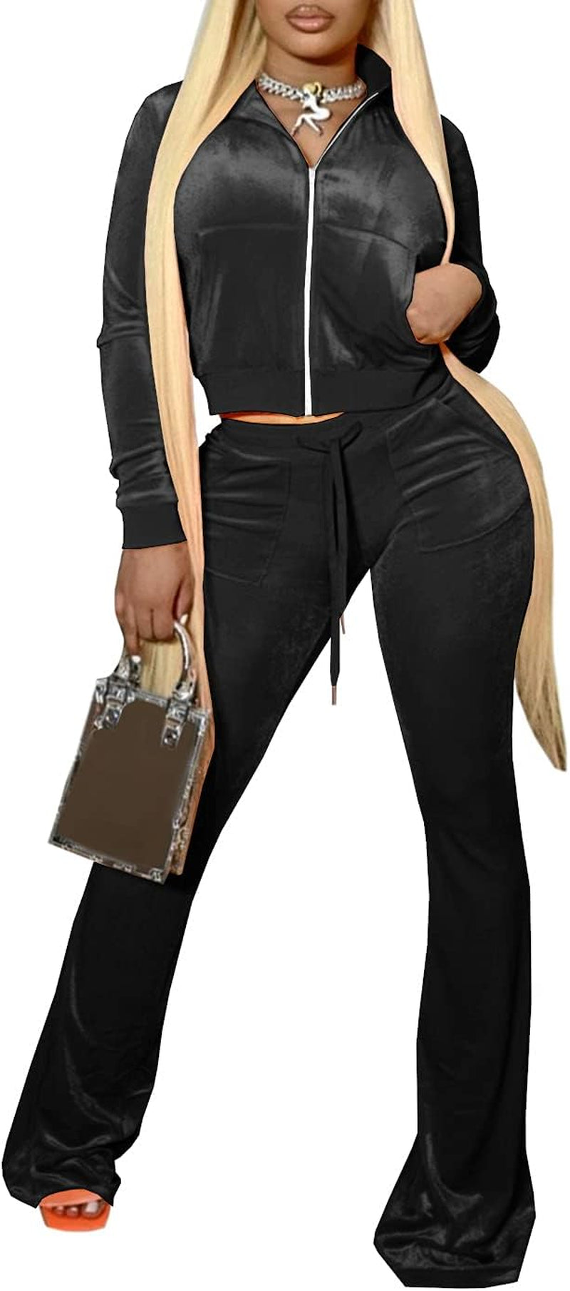 Two Piece Outfits for Women Sweatsuits - Velour Tracksuit Set Long Sleeve Zip Crop Tops and Wide Leg Pants Club Outfits (Black, X-Small)